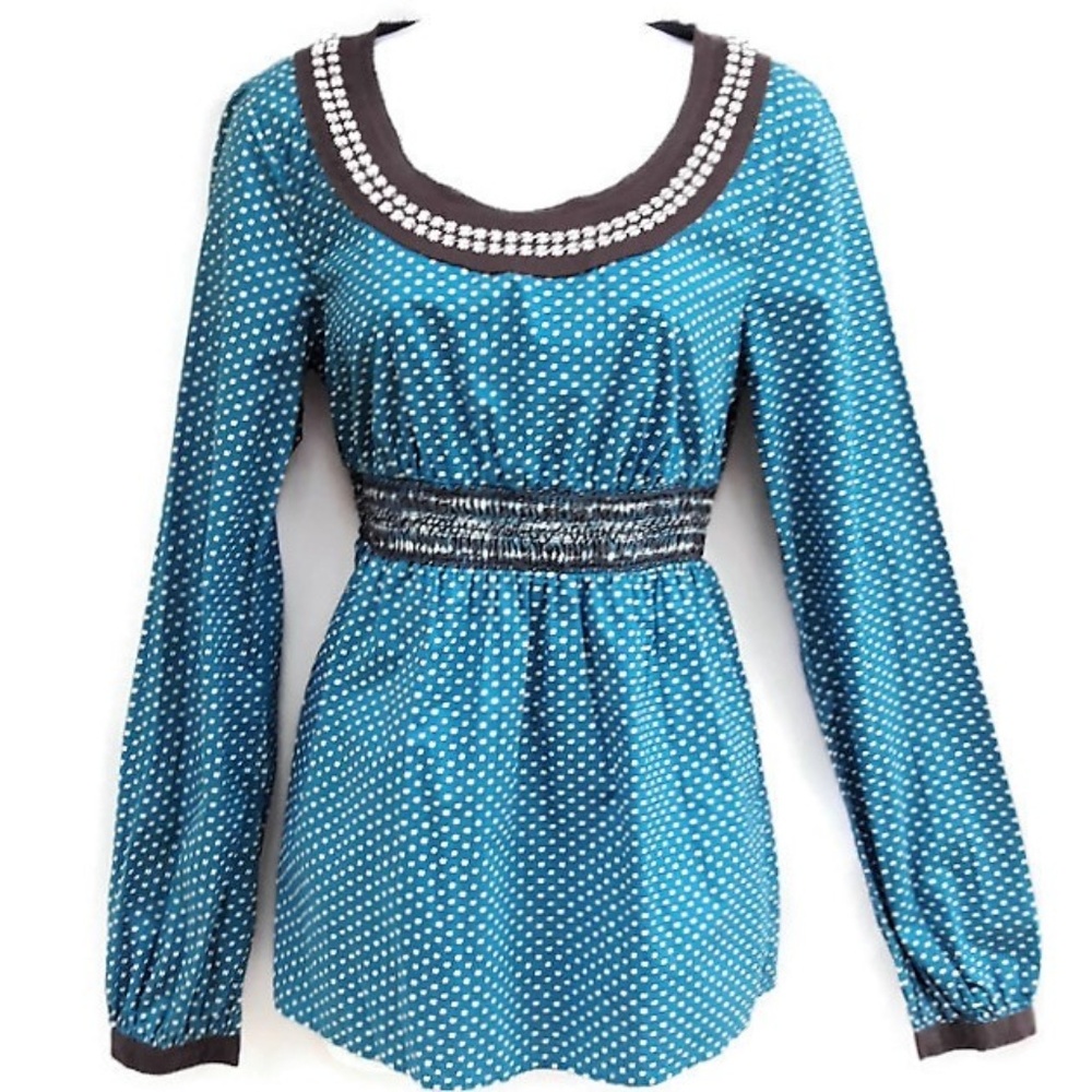 Esprit Babydoll Blouse Embroidery Beads Cinched Waist Dot Long Sleeve Cotton 6